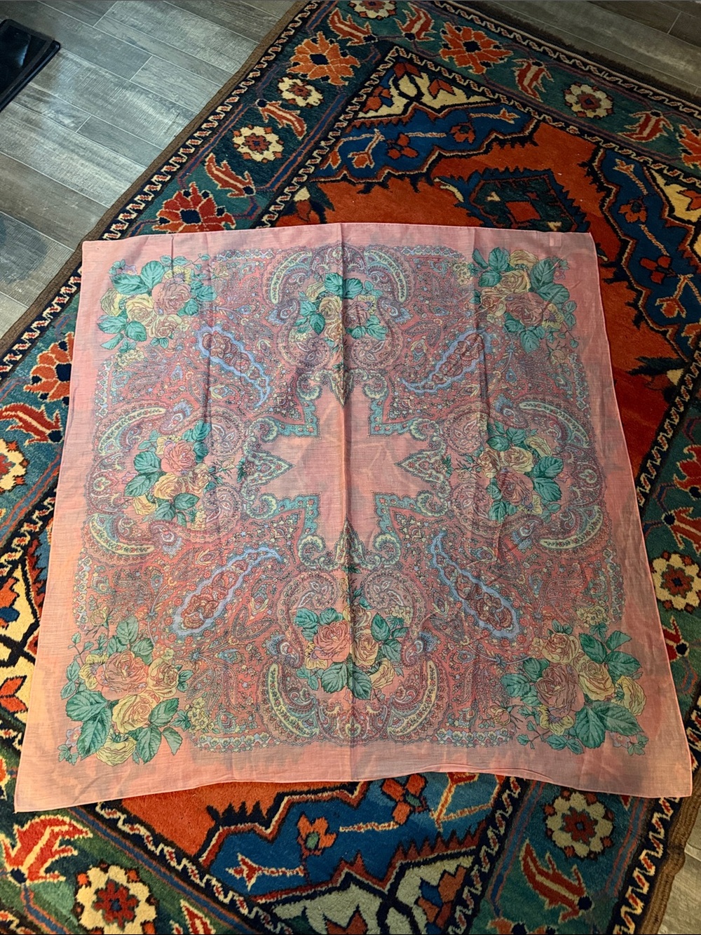 Vintage Scarf by Ginnie Johansen, Paisley Roses, 100% cotton, 1989